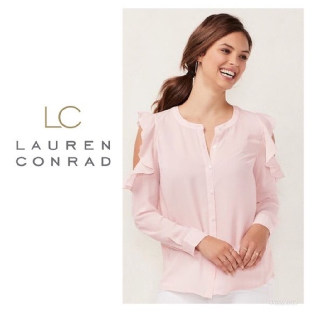 LC Lauren Conrad Pastel Pink Chiffon Ruffle Formal Office Cottage Cutout Blouse